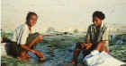 Women on beach harvesting agar-agar at low tide.